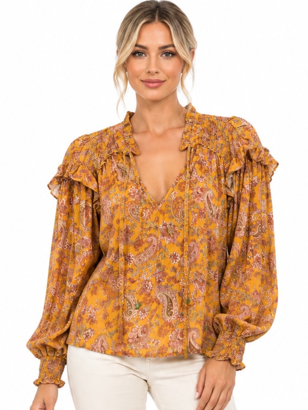 Smocked Yoke Mustard Paisley V-Neck Blouse